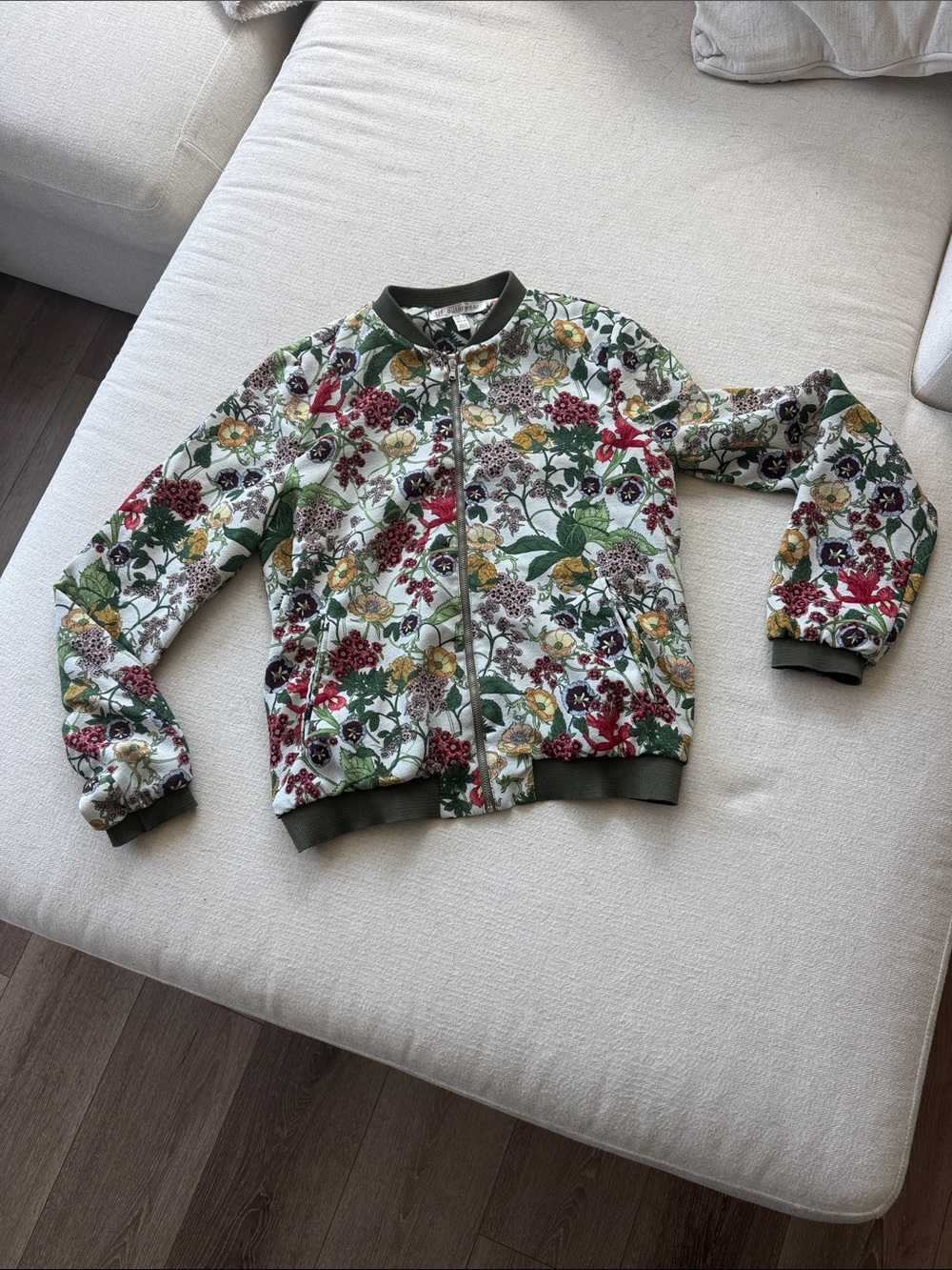 Zara Floral Quilted Bomber Jacket in Olive Trim